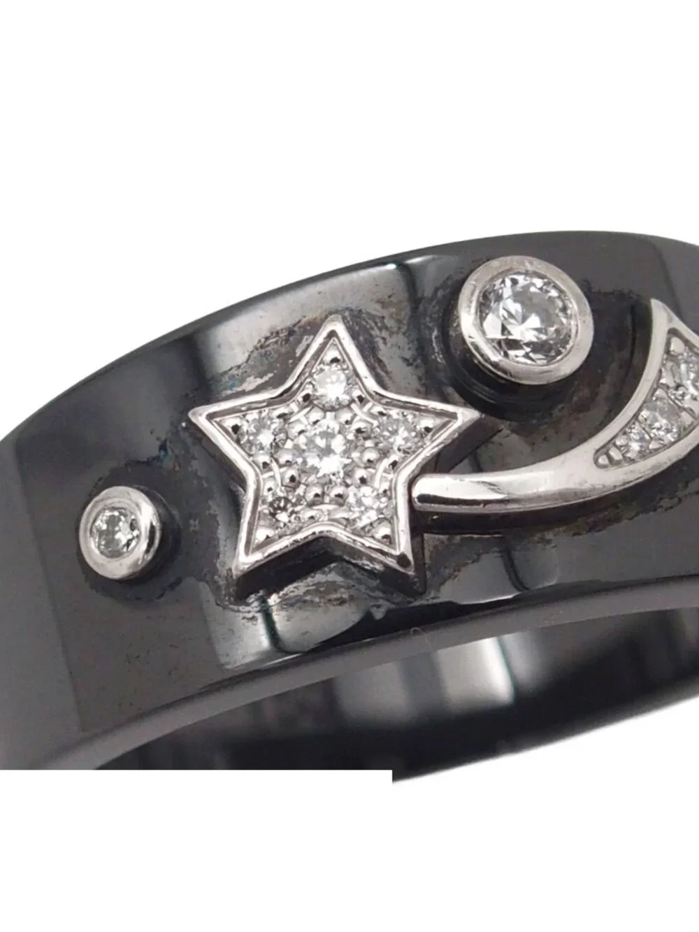 Chanel Cosmic Comet Ring Black White Gold Ceramic 18K Star Pave Diamond